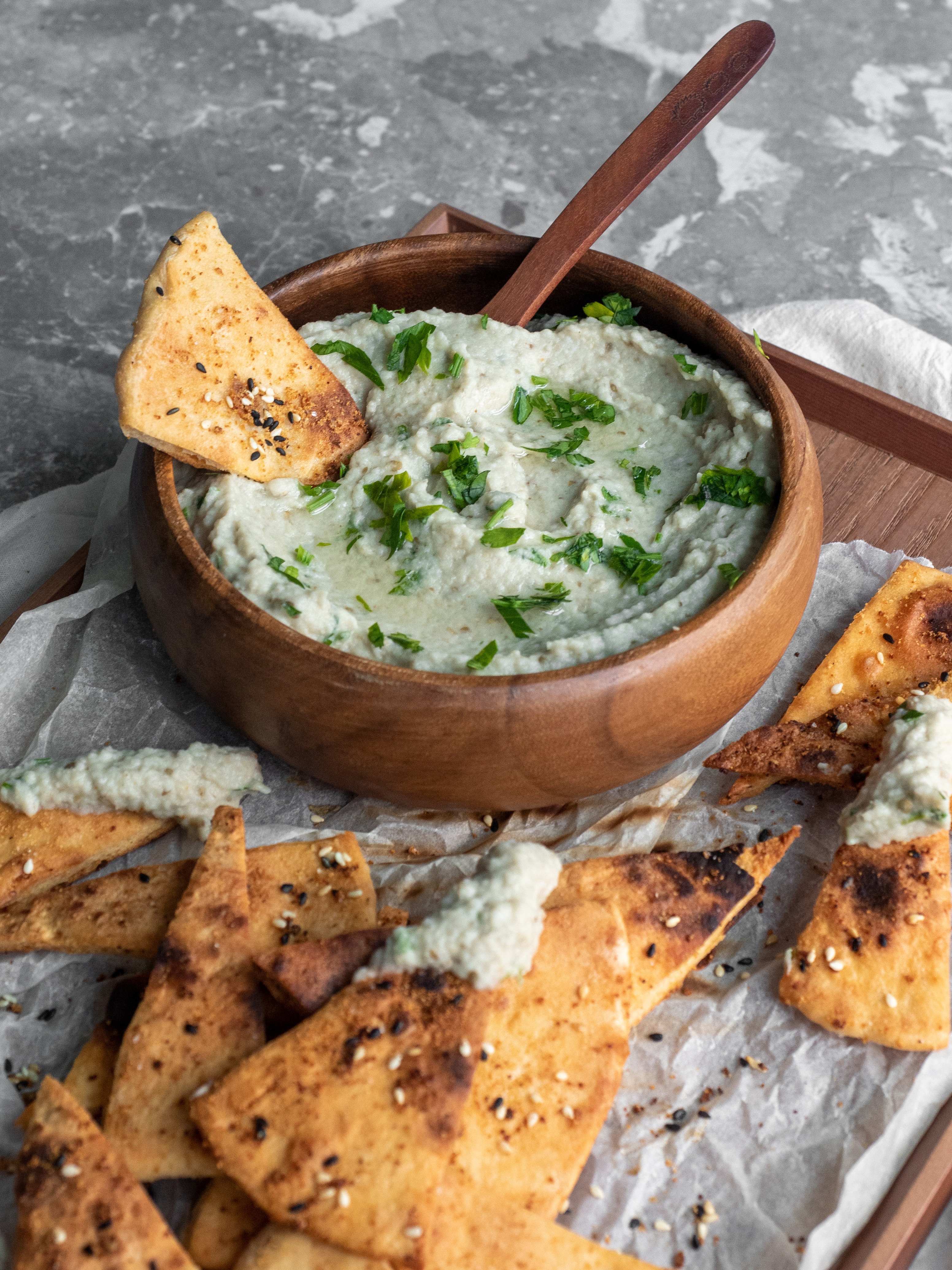 Augergine paste with crispy pita bread